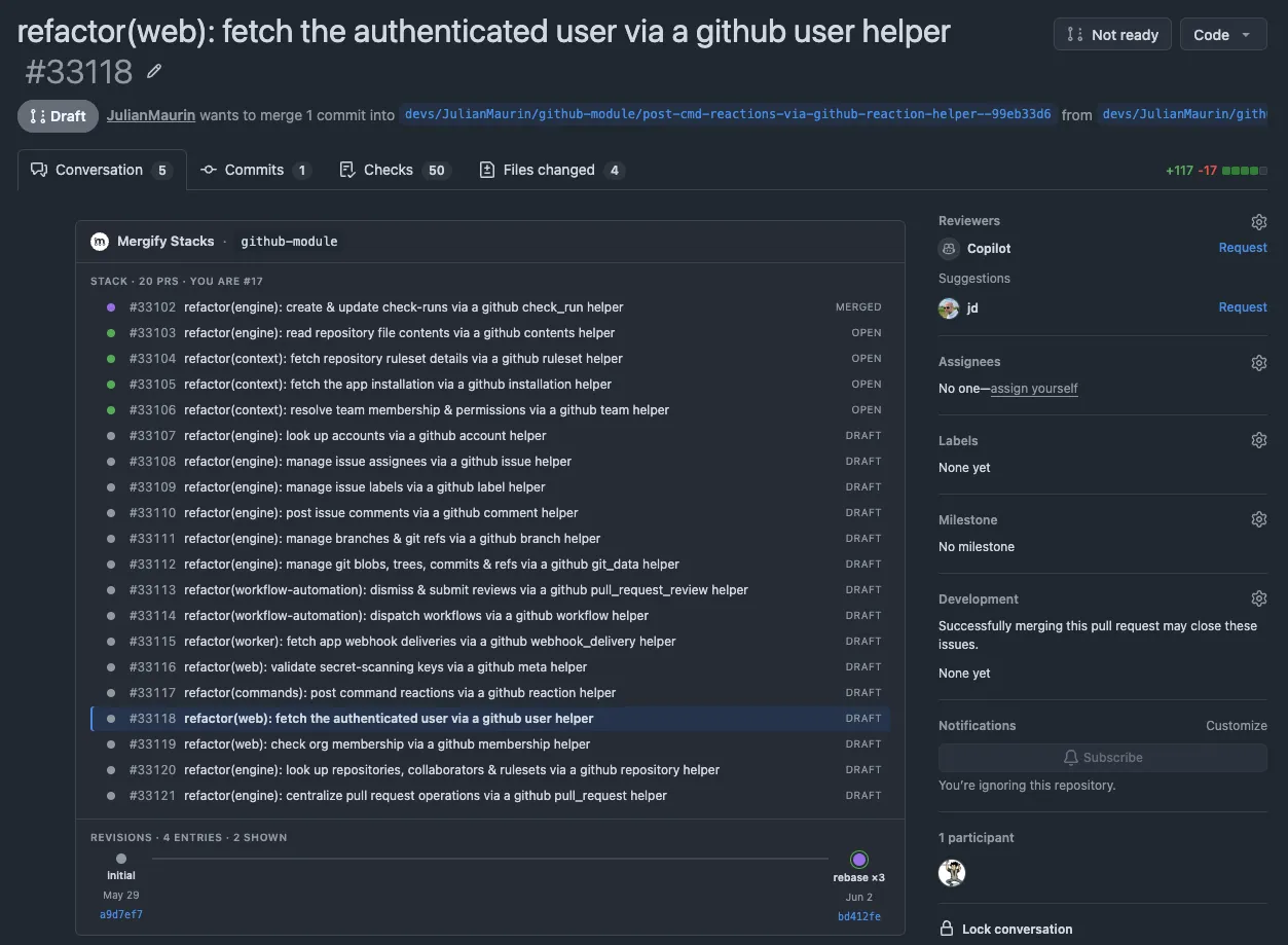 Mergify Stacks browser extension overlaid on a GitHub pull request page: every PR in the 20-PR chain is listed with merged/open/draft status, the current PR is highlighted, and a revision timeline at the bottom shows the force-push history.