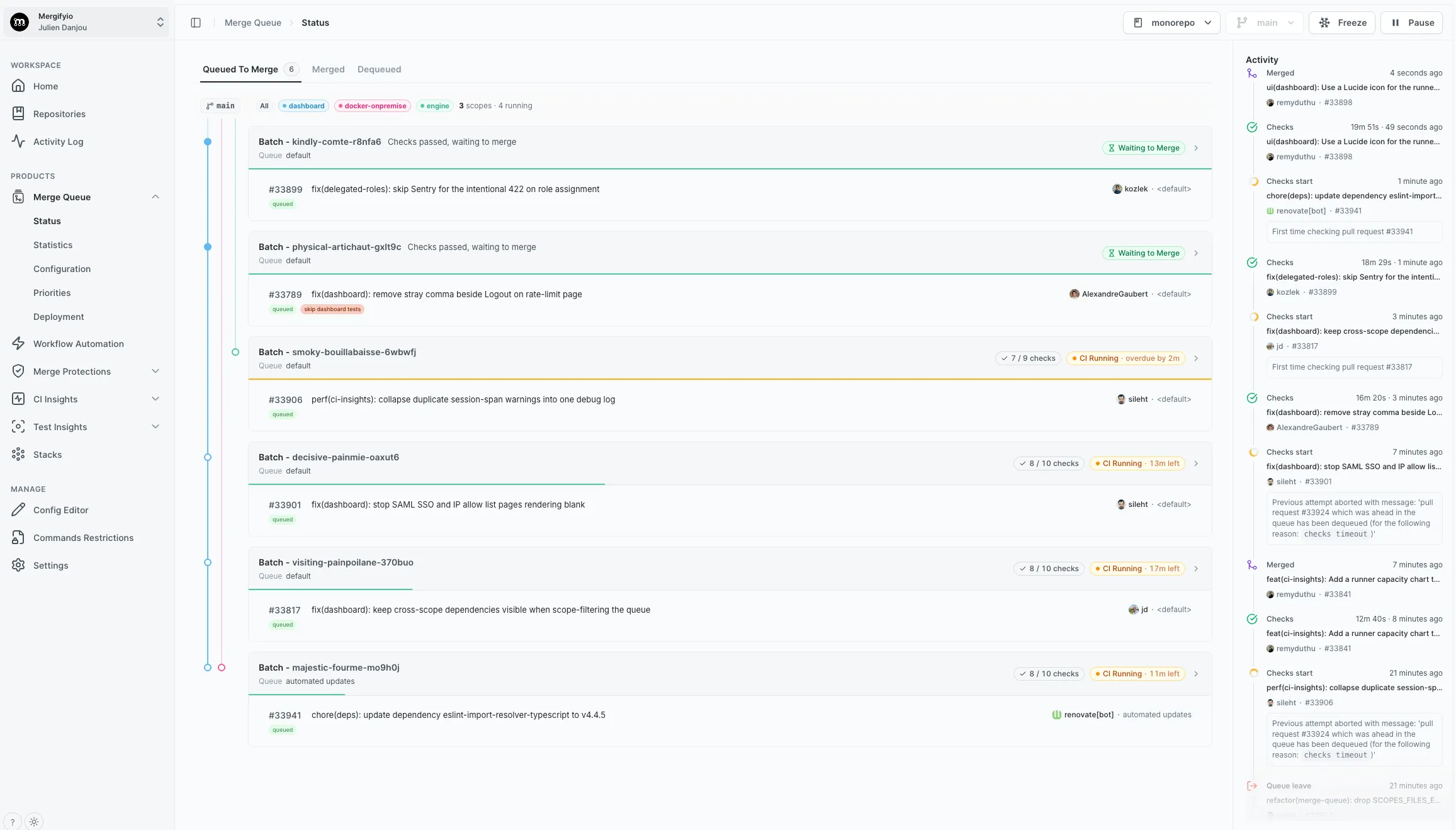 Mergify merge queue Status page on our own monorepo: several scopes with multiple batches running in parallel, each batch testing independently