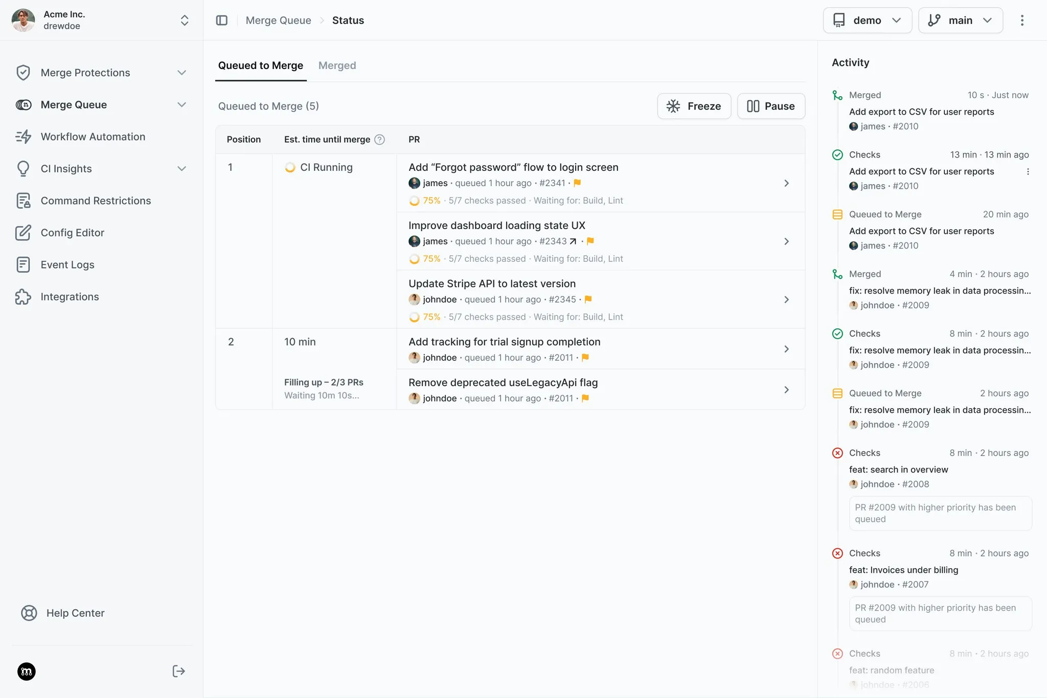 Mergify Merge Queue showing queued PRs and activity