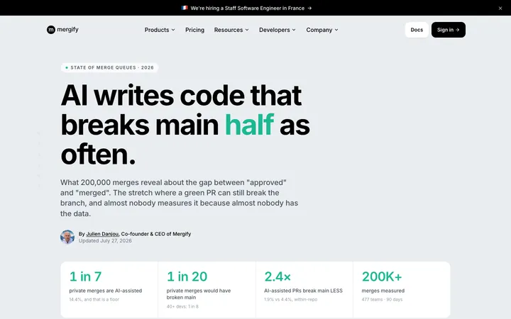 State of Merge Queues 2026 report: the headline AI writes code that breaks main half as often, with the key statistics.